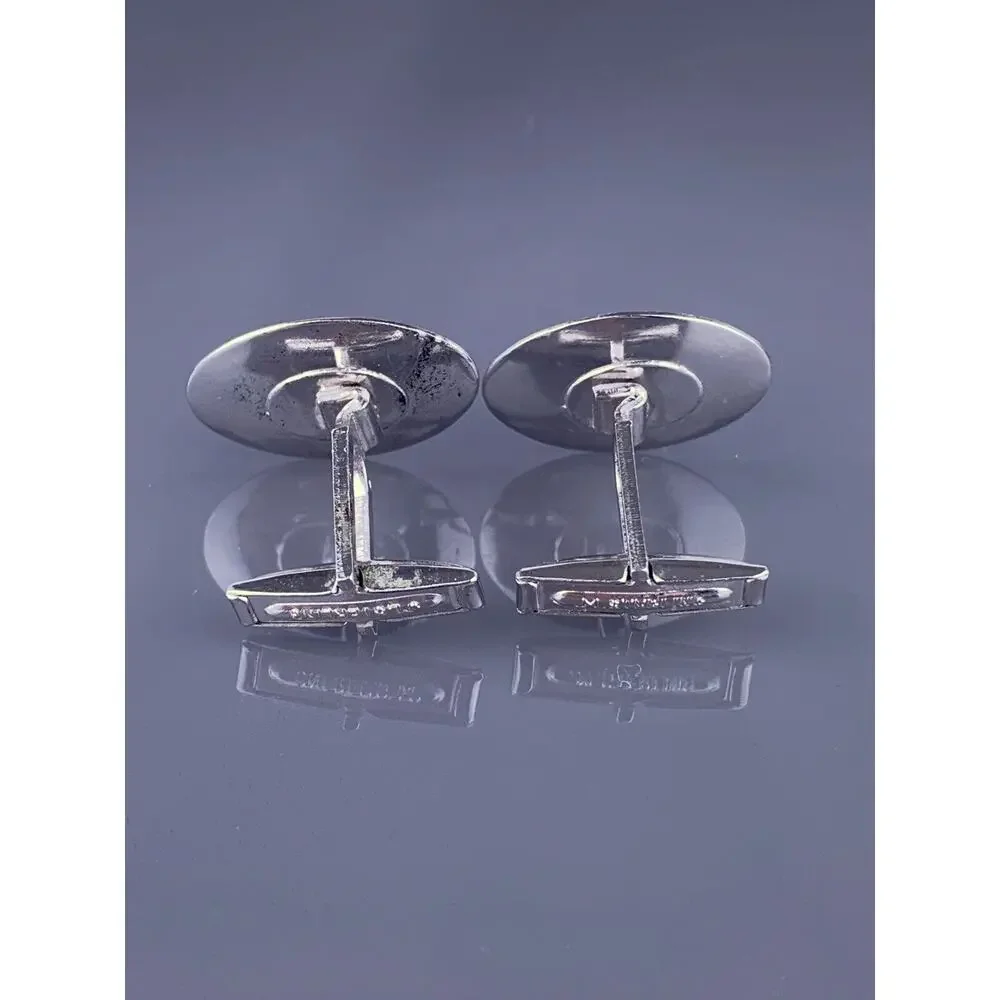Black Obsidian Sterling Silver Cufflinks Oval Etched Leaves Simple JML Vintage